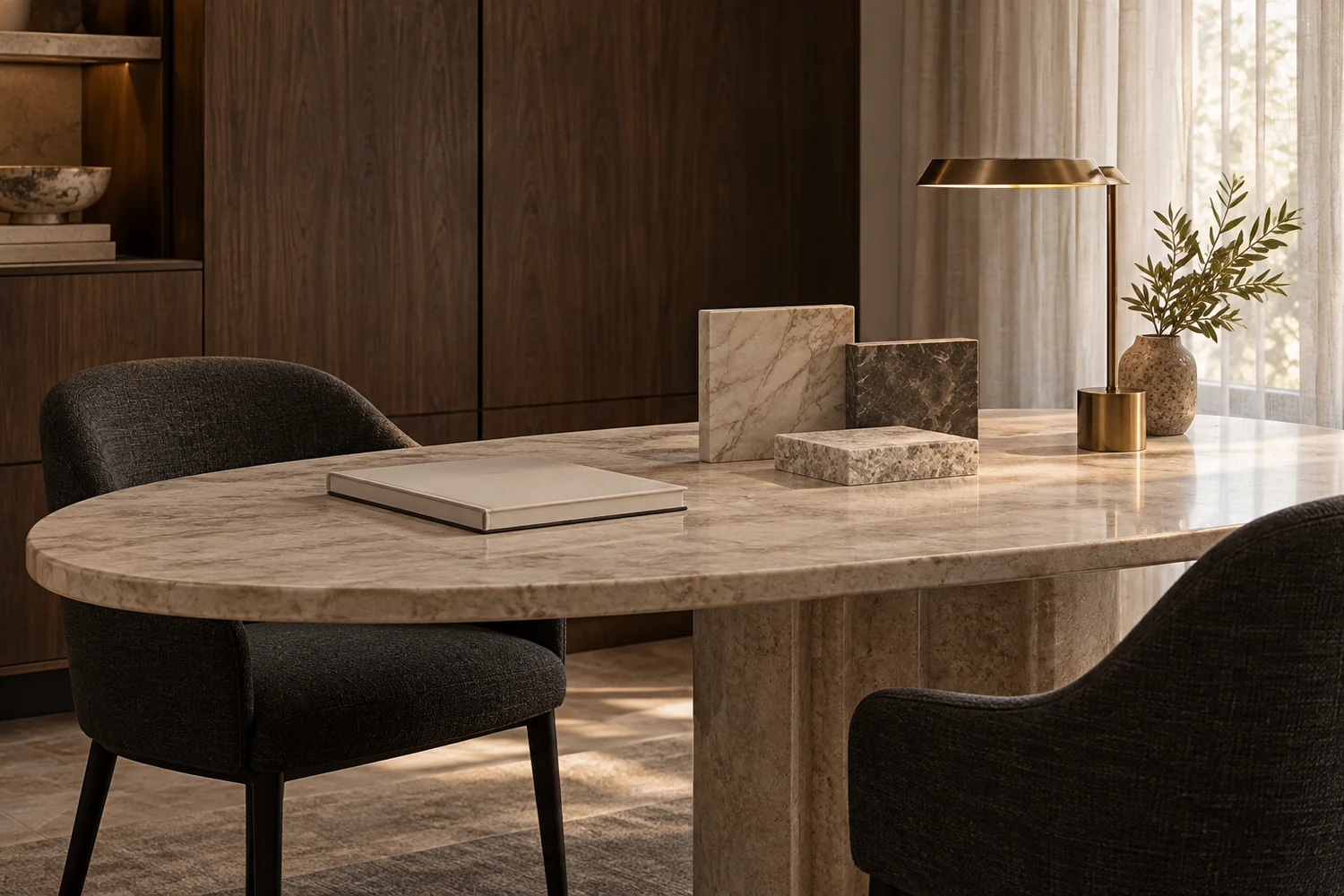 Concept consultation setting with stone samples on an elegant cream table