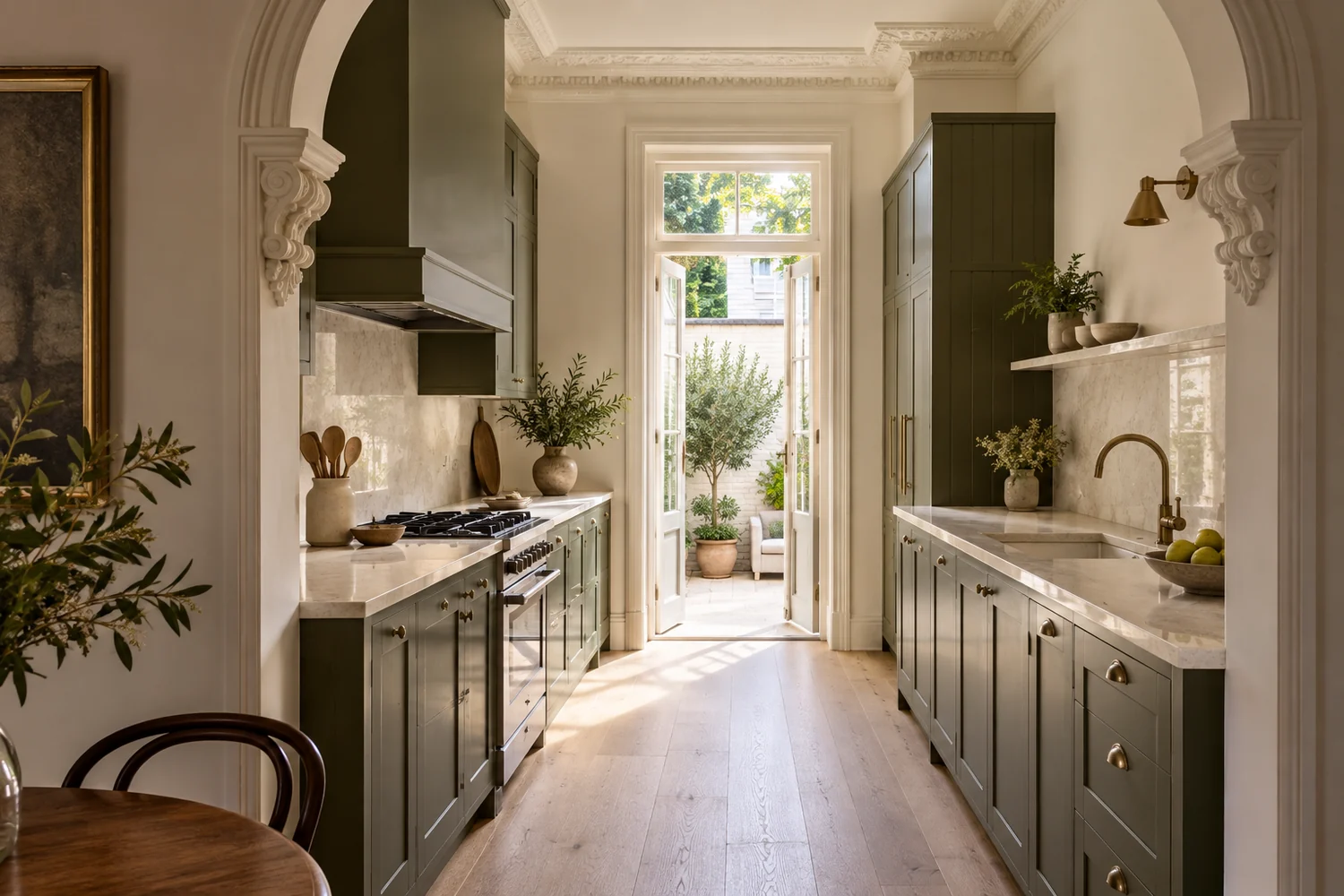 Concept renovated terrace kitchen with cream stone counters and olive cabinetry