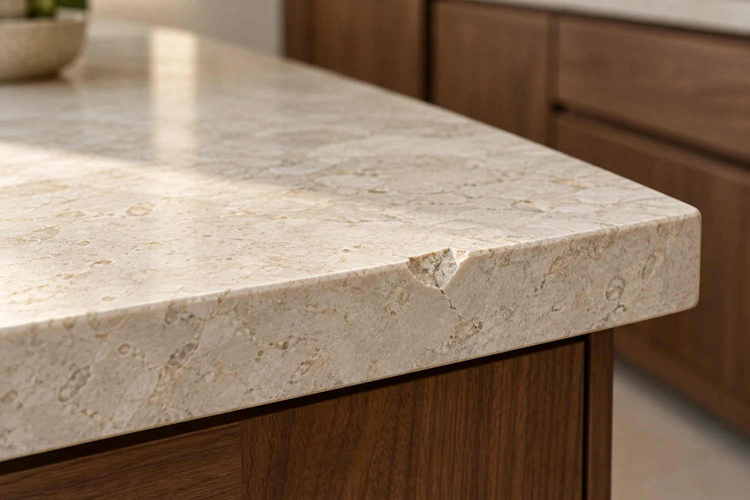 Illustrative close-up of a chipped stone benchtop edge